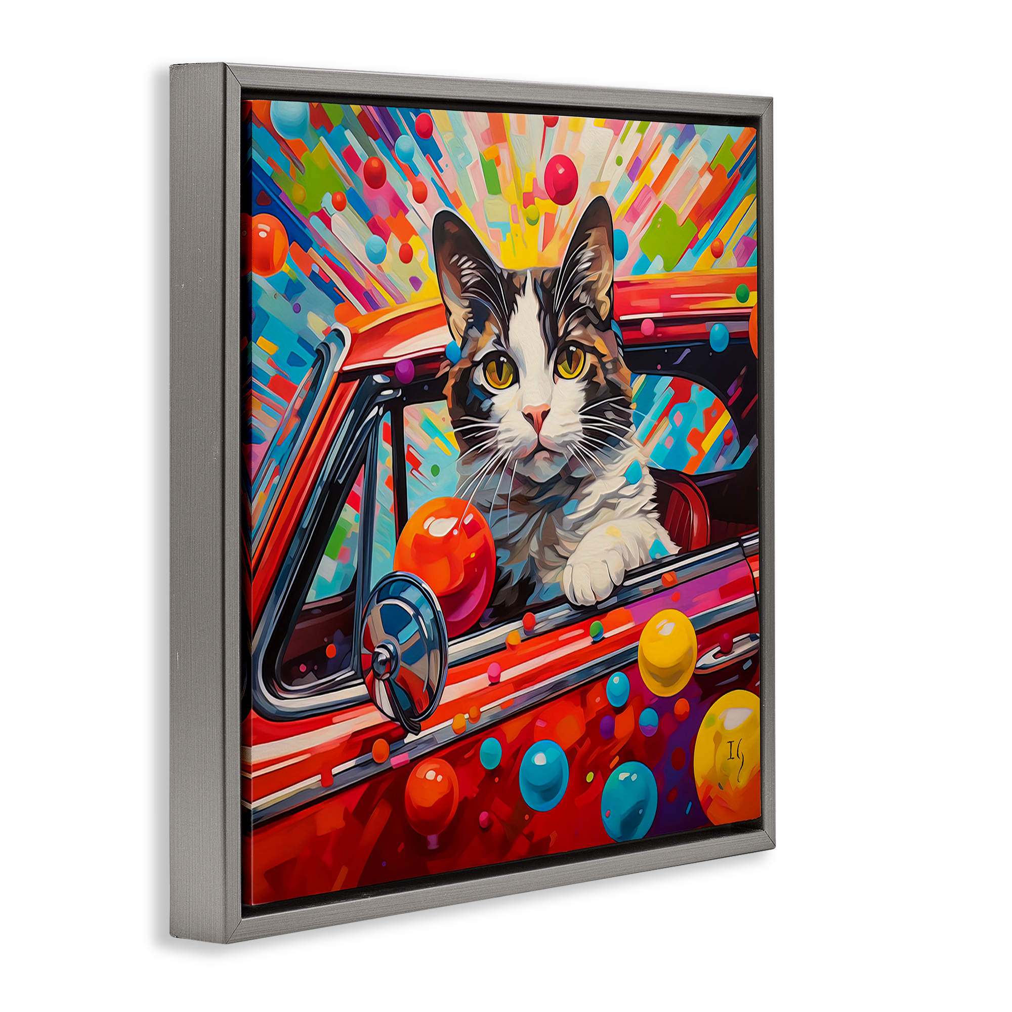 Stupell Industries Driving Cat with Bold Pattern Animals & Insects Painting Gray Floater Framed Canvas Art Print Wall Art, 18 x 18