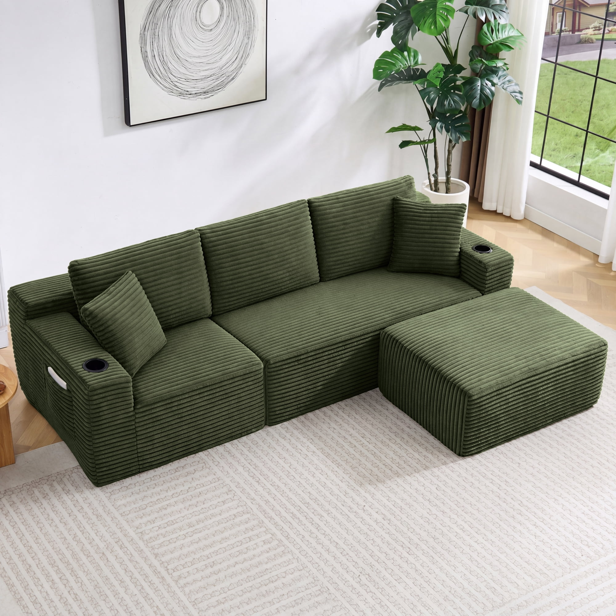 HOQBN L-Shaped Sectional Sofa with Ottoman, Corduroy 3-Seat Couch, Modern Modular Sofa for Living Room Green