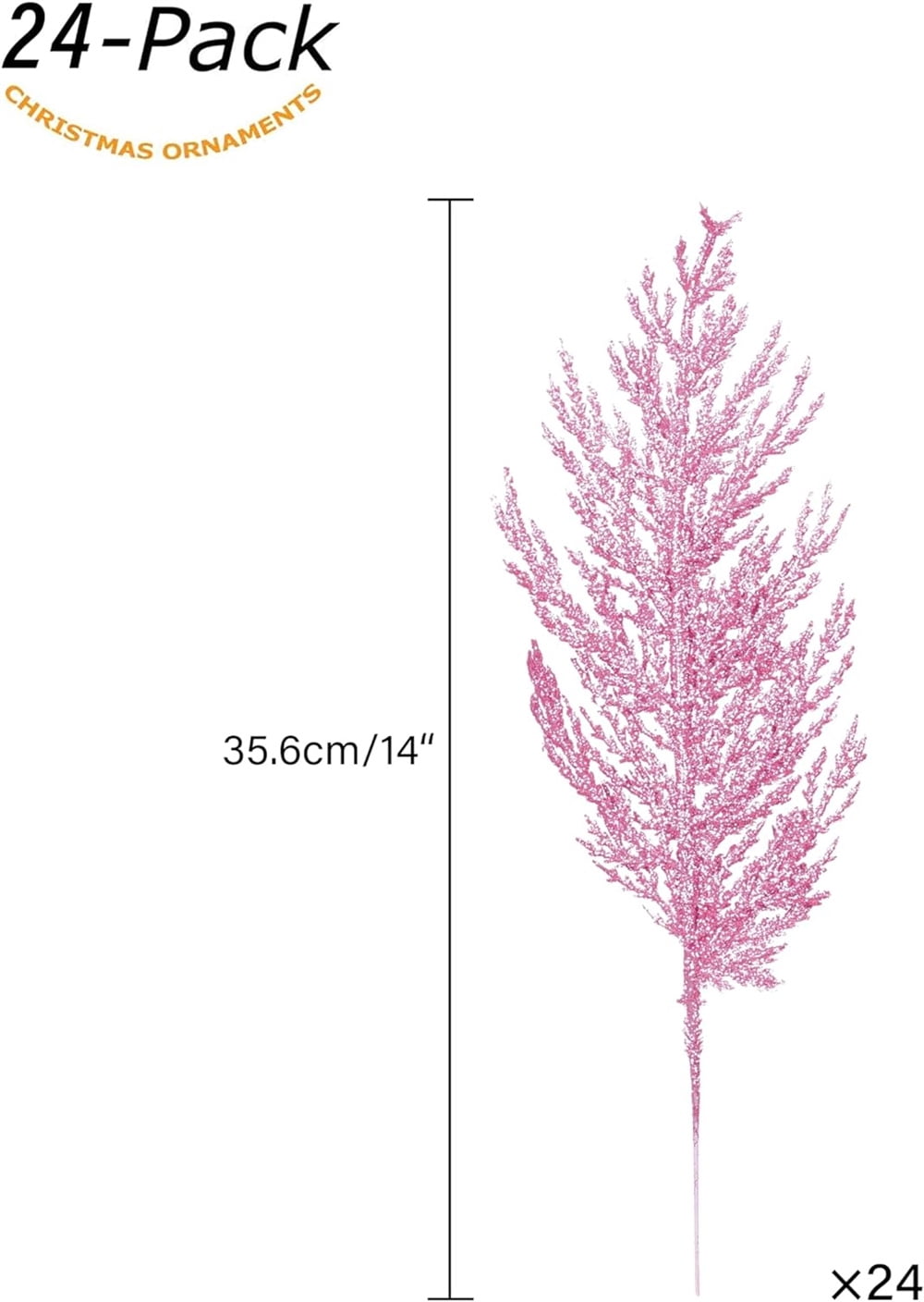 NOGIS Christmas Glitter Twigs 24pcs Artificial Pine Tree Picks for Christmas Tree Ornaments fillers, DIY Xmas Wreath, Crafts, Garland, Holiday, Party, Wedding and Home Decoration (Pink)