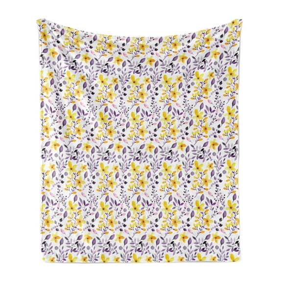 Flower Soft Flannel Fleece Throw Blanket, Pattern with Flowers and Leaves ling Foliage Spring Rural Print, Cozy Plush for Indoor and Outdoor Use, 50" x 60", Yellow Purple White, by Ambesonne