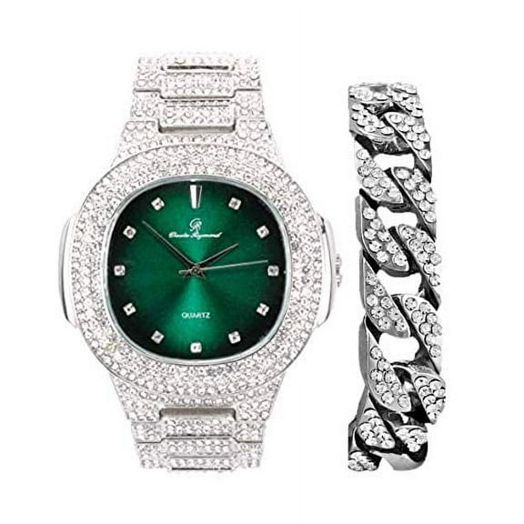 Bling-ed Out Cuban Bracelet with Oblong Iced Look Hip Hop Watch - 8475BC Cuban (Silver Money Green)