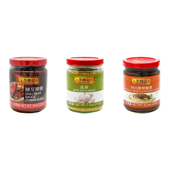 3 Pack Lee Kum Kee Cooking Sauce, 3 Flavors(Chili Bean Sauce,Minced Garlic Sauce,Sichuan Spicy Noodle Sauce) Plus NineChef Brand Long Handle Coffee Spoon