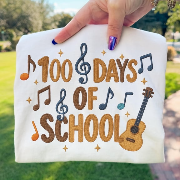 100 Days of School Music Applique Embroidered Style Sublimation Design
