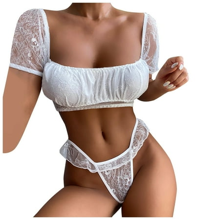 

RPVATI Solid Lace Mesh Bra and Panty Sets for Women Short Sleeve See Through Sexy Bodysuit Lingerie