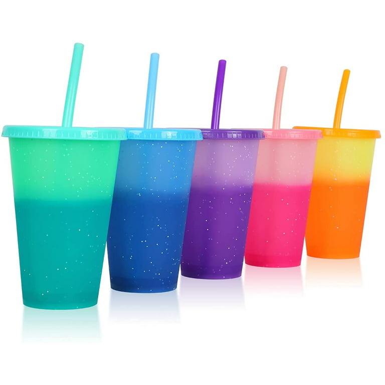 Reusable Plastic Cups with Lids Straws: 5 Pcs 16oz Colorful Bulk Party Cups/ BPA-Free Dishwasher-Safe Cold Drink Travel Tumblers for Iced Beverage