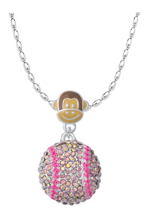 Silvertone Large Super Sparkle Crystal Pink AB Softball Mia Monkey Charm Necklace