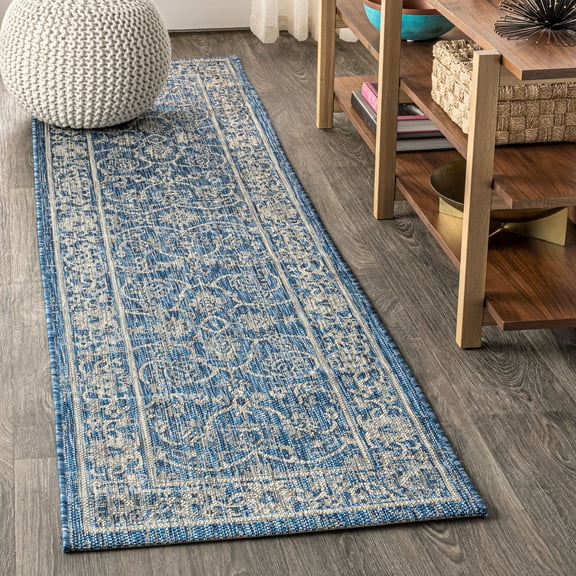 JONATHAN Y SANTA MONICA 2 x 10 Runner Rug, Palazzo Vine and Border Textured Weave - Navy/Gray, SMB103A-210