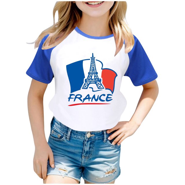 Toddler Shirts Wear City Tourism Commemorative Print Raglan Sleeve Color Block Short Sleeve Girls' Tops, Tees Dark Blue 5 Years-6 Years