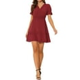 thumbnail image 1 of INSPIRE CHIC Robe d'Été pour Femme Col en V Manches Bouffantes Taille Smockée Robe Courte Décontractée TG Rouge, 1 of 6