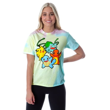 

Pokemon Women s Pikachu Squirtle Charmander Bulbasaur Tie-Dye Skimmer T-Shirt M