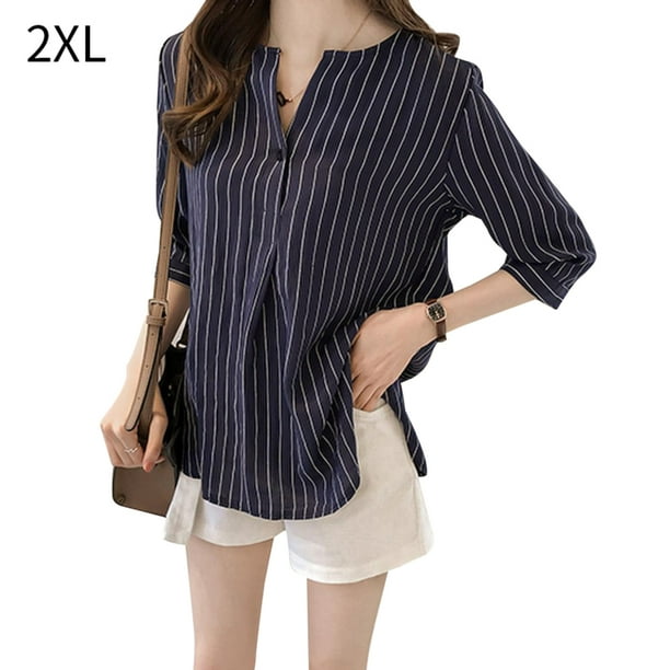 Qarigey Camisa a rayas Mujer Blusa de verano Cuello Suelta Top casual Prendas para la parte del cuerpo Azul oscuro XXL