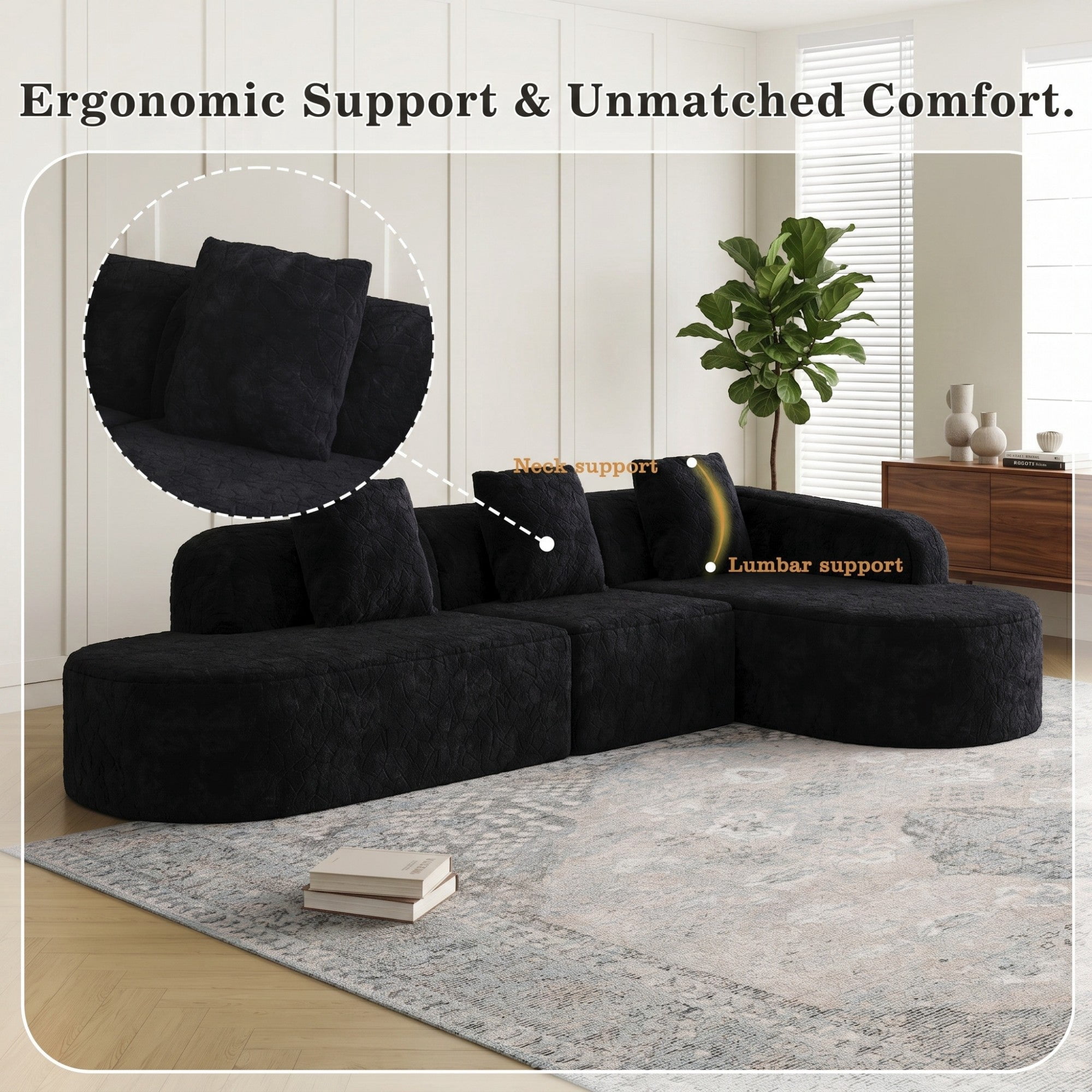 Sailvan 111.8" L-Shaped Curved Modular Sofa, Modern Lychee-Textured Sectional with Chaise, 3 Pillows Black