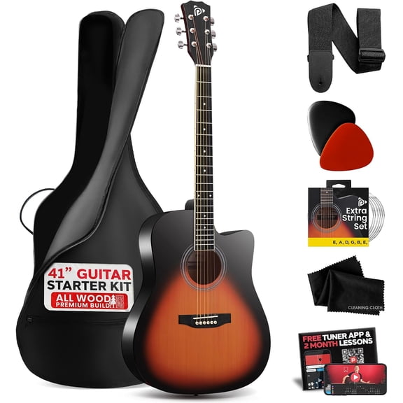 41" Full-Size Acoustic Guitar Kit, Cutaway Body with Digital Tuner, and Accessory Kit, (Sunburst Teardrop)