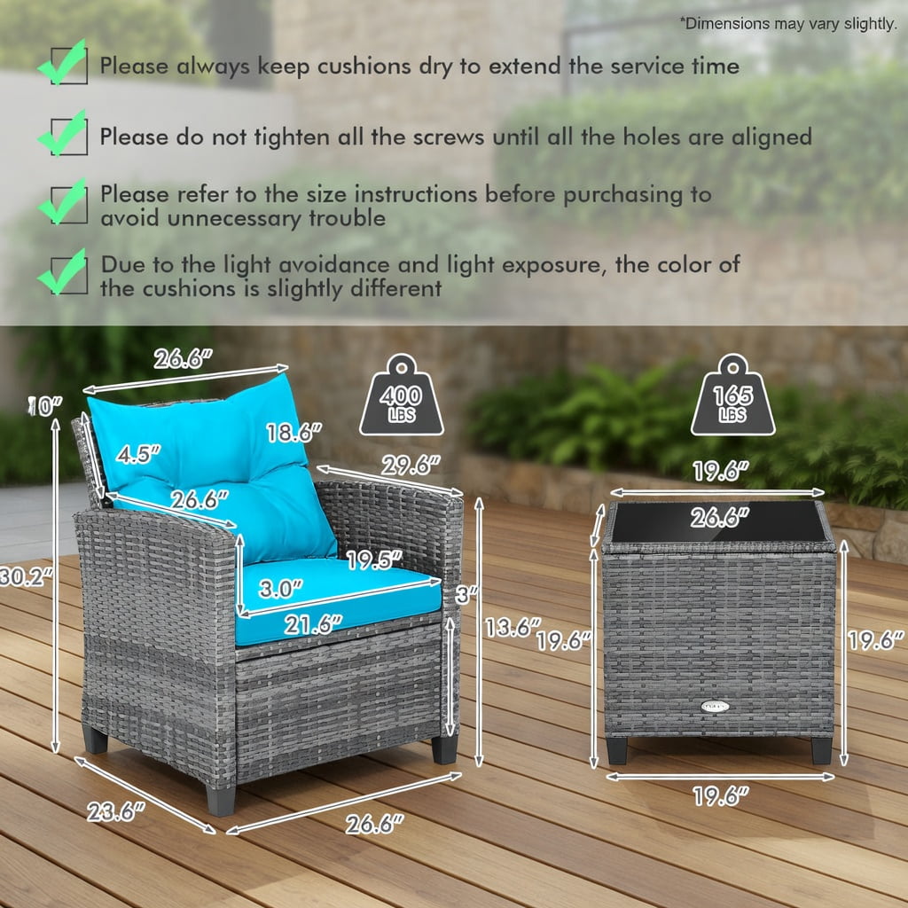 Hommoo 3-Piece Outdoor Wicker Conversation Set, Tempered Glass Coffee Table & 2 Armchairs with Removable Cushions, PE Rattan & Steel Frame, Turquoise