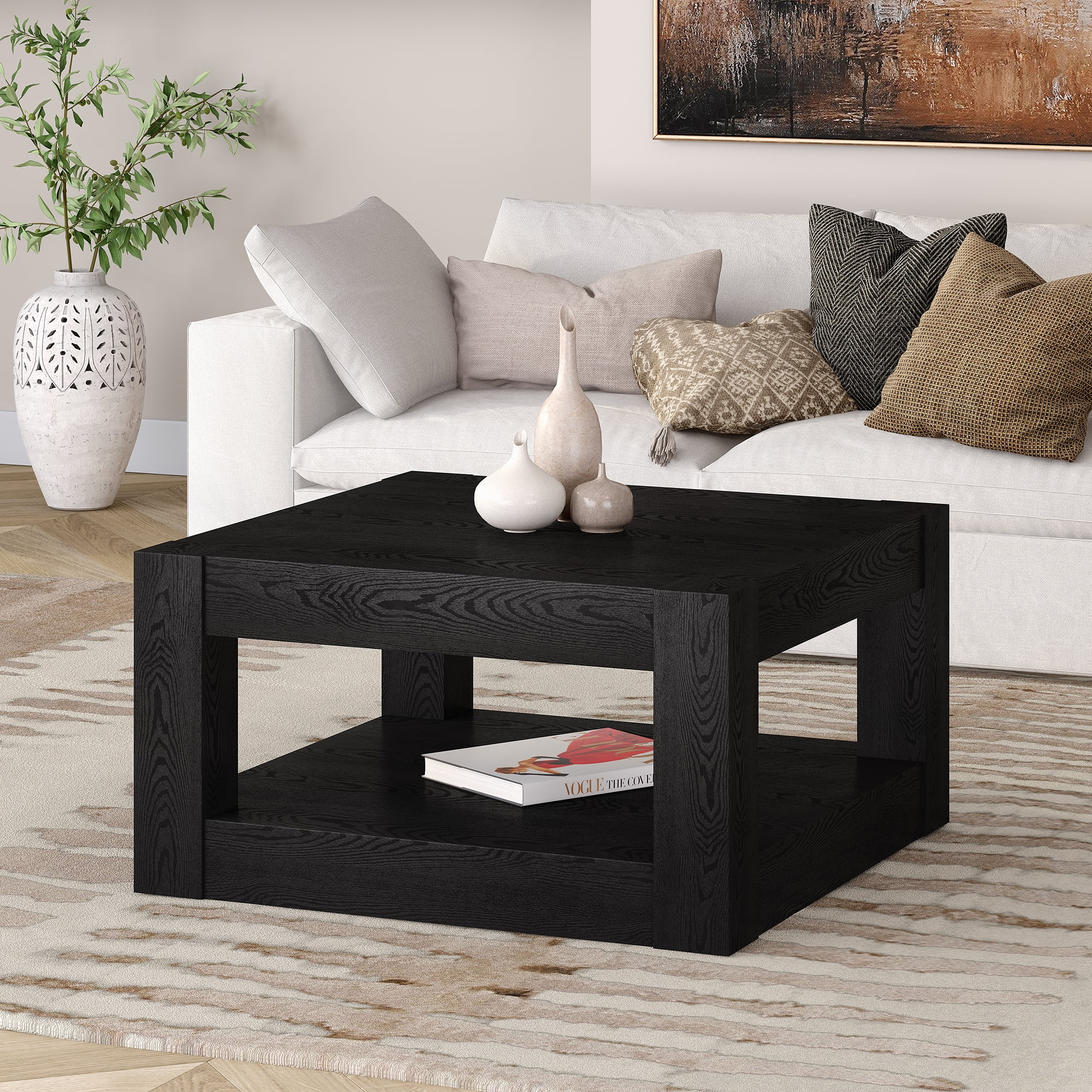 Evelyn&Zoe Hughes 32" Wide Square Coffee Table, Black Grain