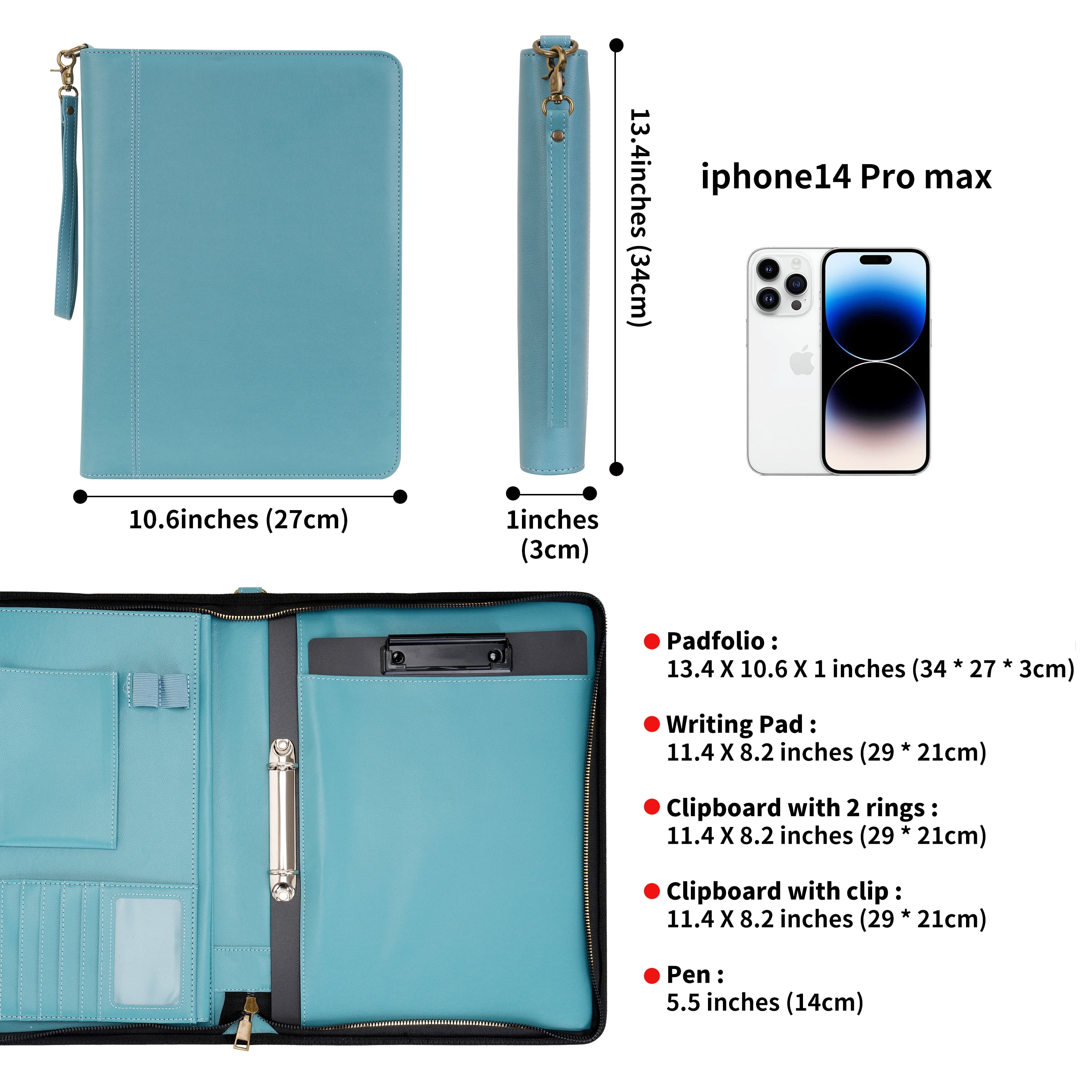 Wason A4 Portfolio with Zipper - Leather PU Padfolio with Detachable Ring Binder and Writing Notepad Holder, Conference File Multi-Pockets Organizer for Office Travel School (Cyan)