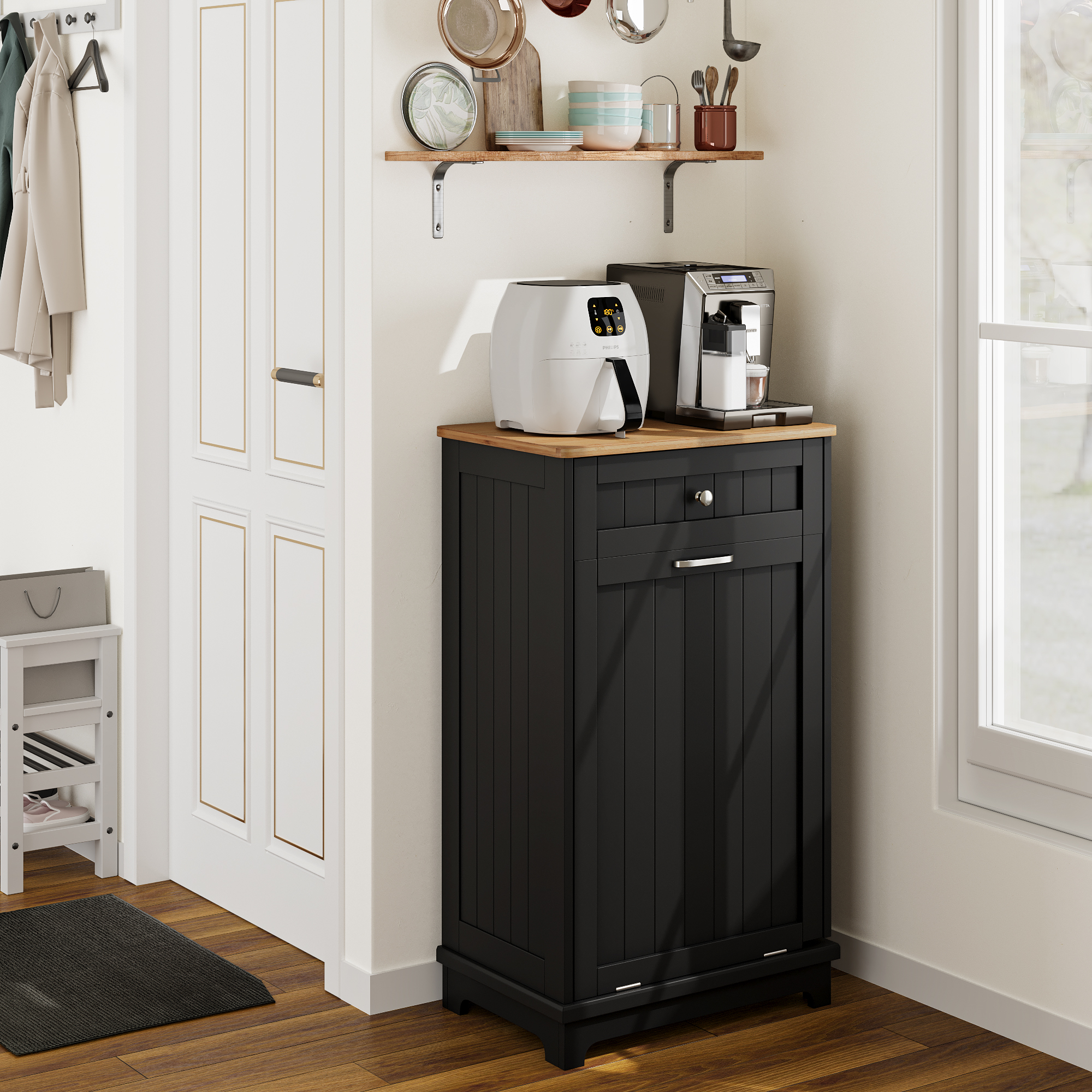 Leeten Kitchen Trash Bin Cabinet, Wooden Trash Cans Double Tilt Out Trash  Can Cabinet with Drawer, Dirty Clothes Storage Cabinet for Bathroom, Black  