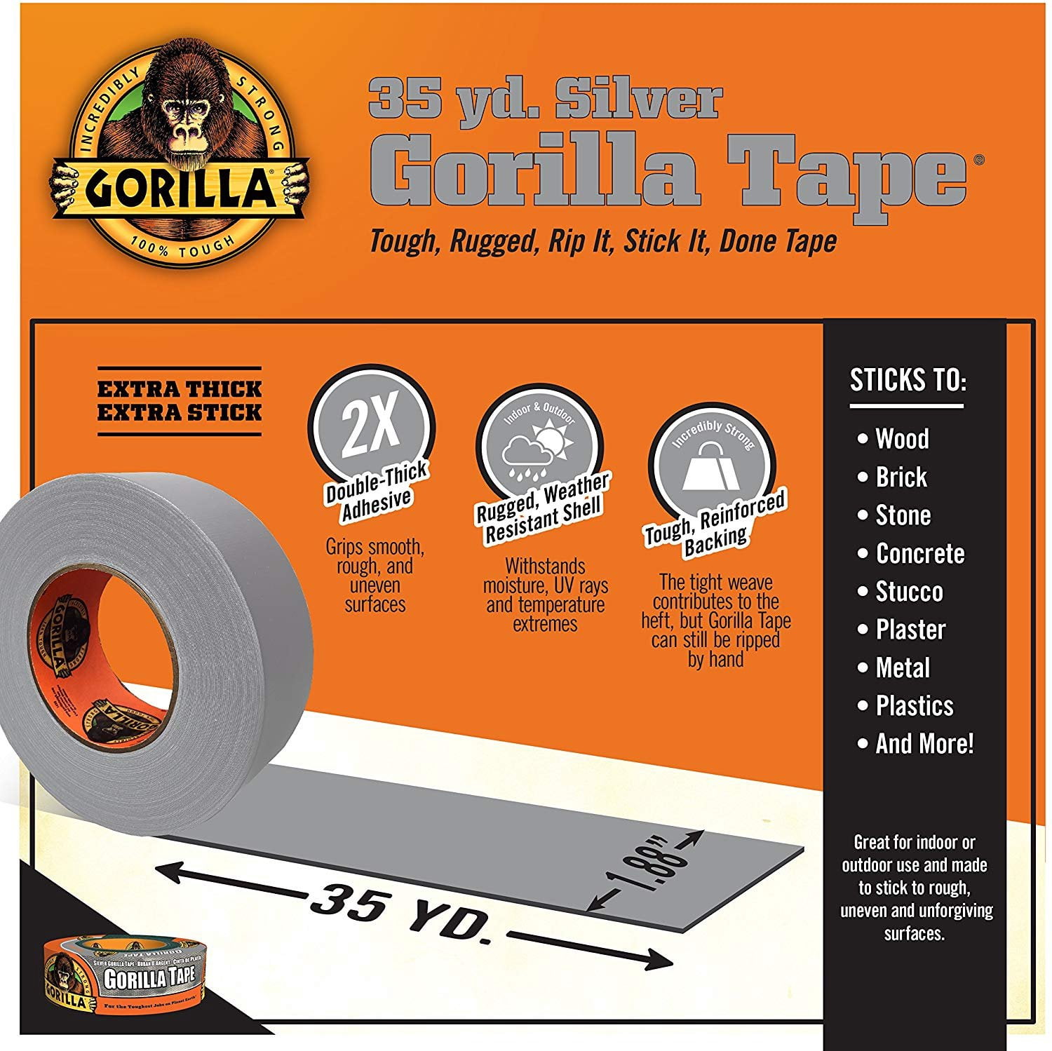 Gorilla Glue Gorilla Silver Duct Tape, 1.88" x 35 yd, Silver, Pack of 3 — Residential Use, Standard Application