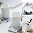 thumbnail image 5 of Ceramic Bathroom Accessory Set, 5 Pcs Bathroom Accessories Set - 1 Soap Dispenser, 2 Tumblers, 1 Toothbrush Holder, 1 Soap Dish, Relief Design, Matte White, 5 of 8