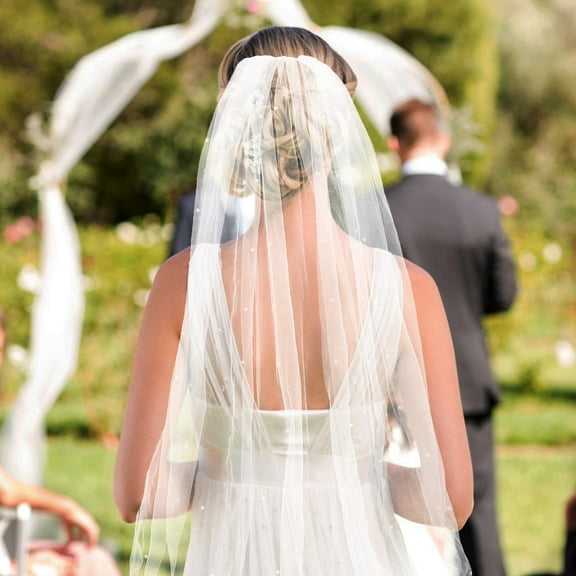 Homoyoyo 2-Pack White Short Bridal Veils with Imitation and Beaded Design for Wedding Accessories