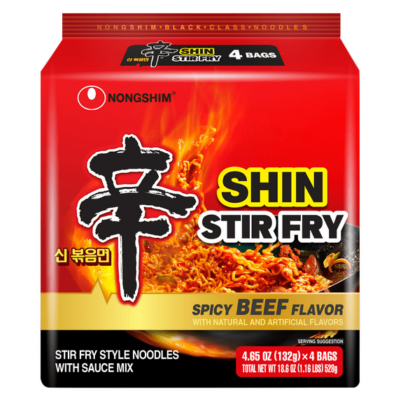 Nongshim Shin Stir Fry Spicy Beef Ramen Noodle Pack, 18.6oz x 1 Count, Regular