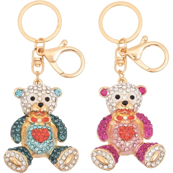 2Pcs 2 Colors Heart Bear Rhinestone Pendant Keychain with Alloy Findings for Woman Bag Car Ornaments Mixed Color colorful