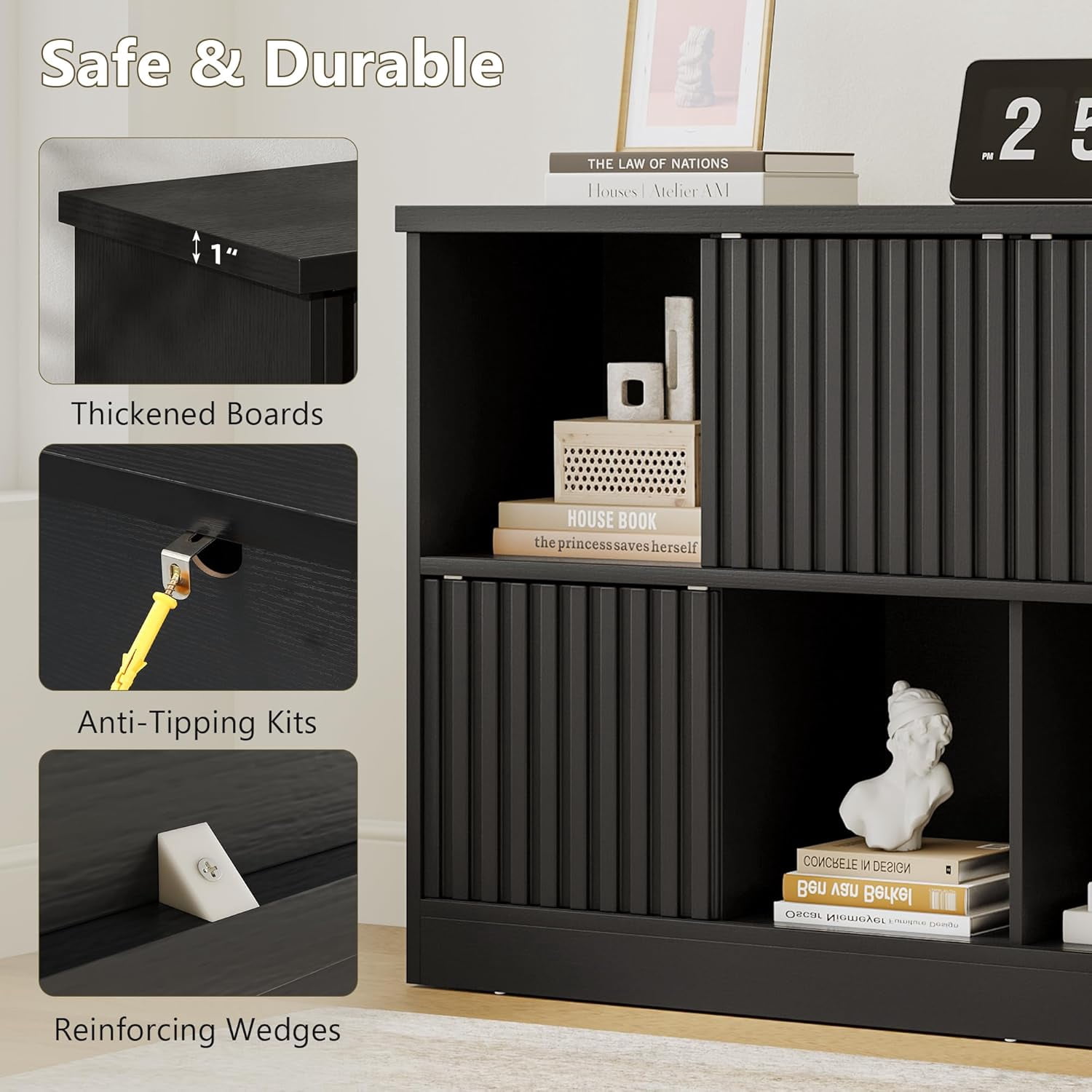 iPormis 8 Cube Bookcase Storage Organizer - 4 Fluted Sliding Doors, 2-Tier Wooden Bookshelf, 47.2" Freestanding Bookcase Shelf for Home/Office,Black