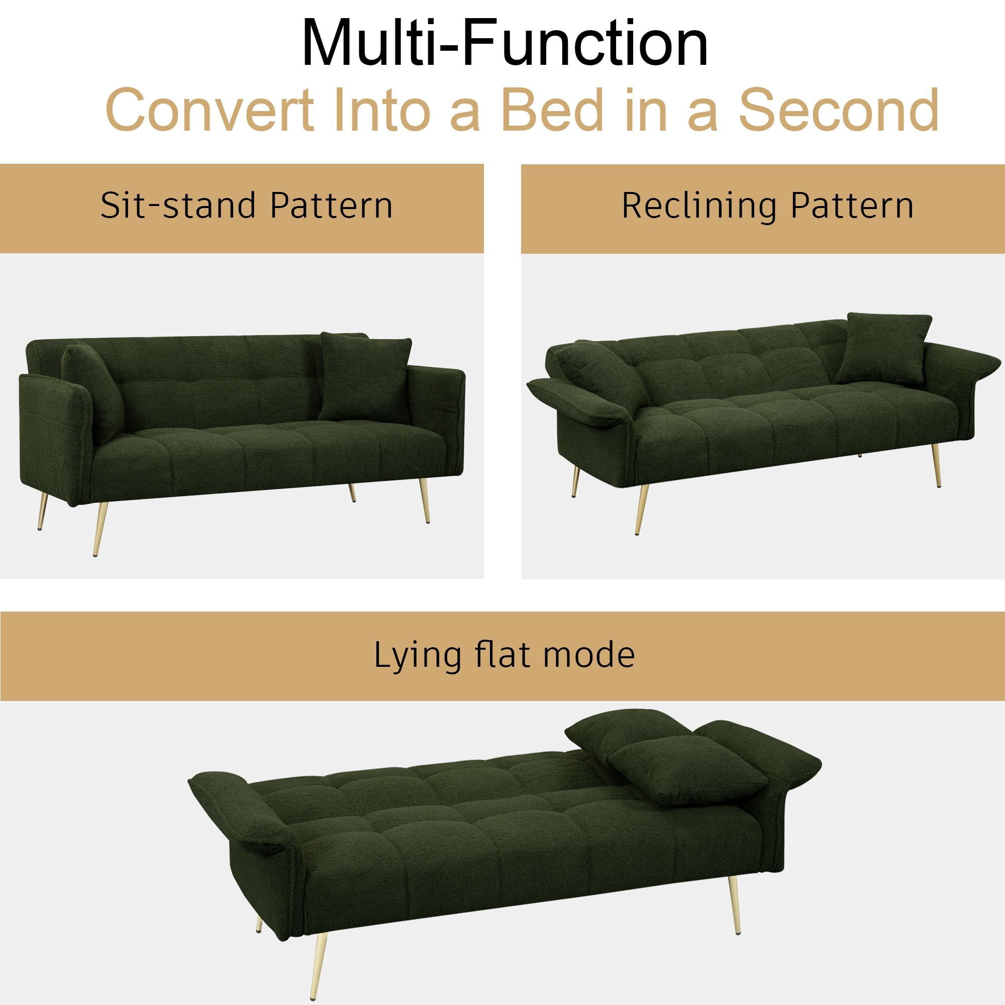 DEALTOPS 70'' Modern Loveseat Sofa, Convertible Teddy Fabric Couch with Adjustable Arms, Green