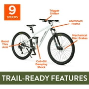 Ozark Trail 29 FS.2 Slalom Full Suspension Mountain Bike, 29 Wheels, Small Frame, Fits Riders 51 - 55, Off-White, Adult, Unisex, Online Only