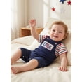 thumbnail image 5 of Loicainy Baby Toddler Boy Girl 4th of July Overalls Outfit 3 6 12 18 Months Patriotic Short Sleeve Striped Romper with Flag Embroidery Pants 2Pcs Clothes Set, 5 of 9