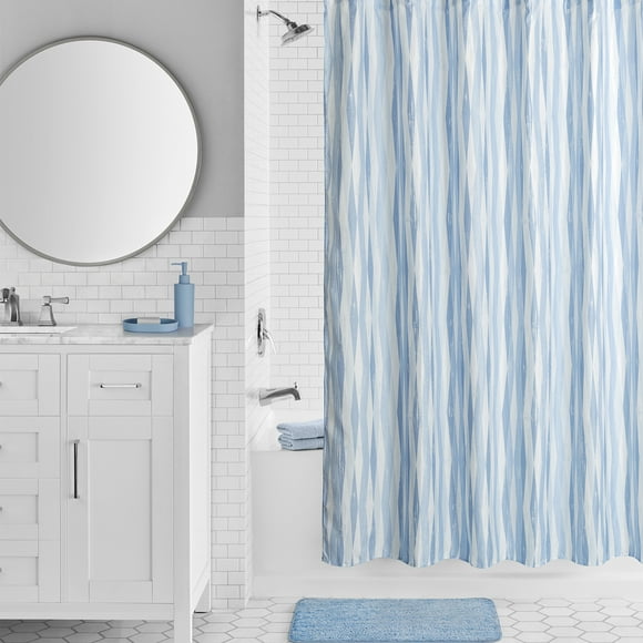 Mainstays 16-Piece Blue Diamond Pattern Shower Curtain Bathroom Set – Fabric Curtain with Rug, Hooks, Soap Dispenser & Tray