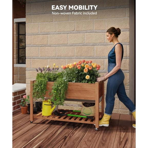Acekid Raised Garden Bed with Legs & Wheels - 48x24x30 Inch Outdoor Planter Box with Waterproof Liner & Storage Shelf - for Patio, Deck, Balcony, Backyard
