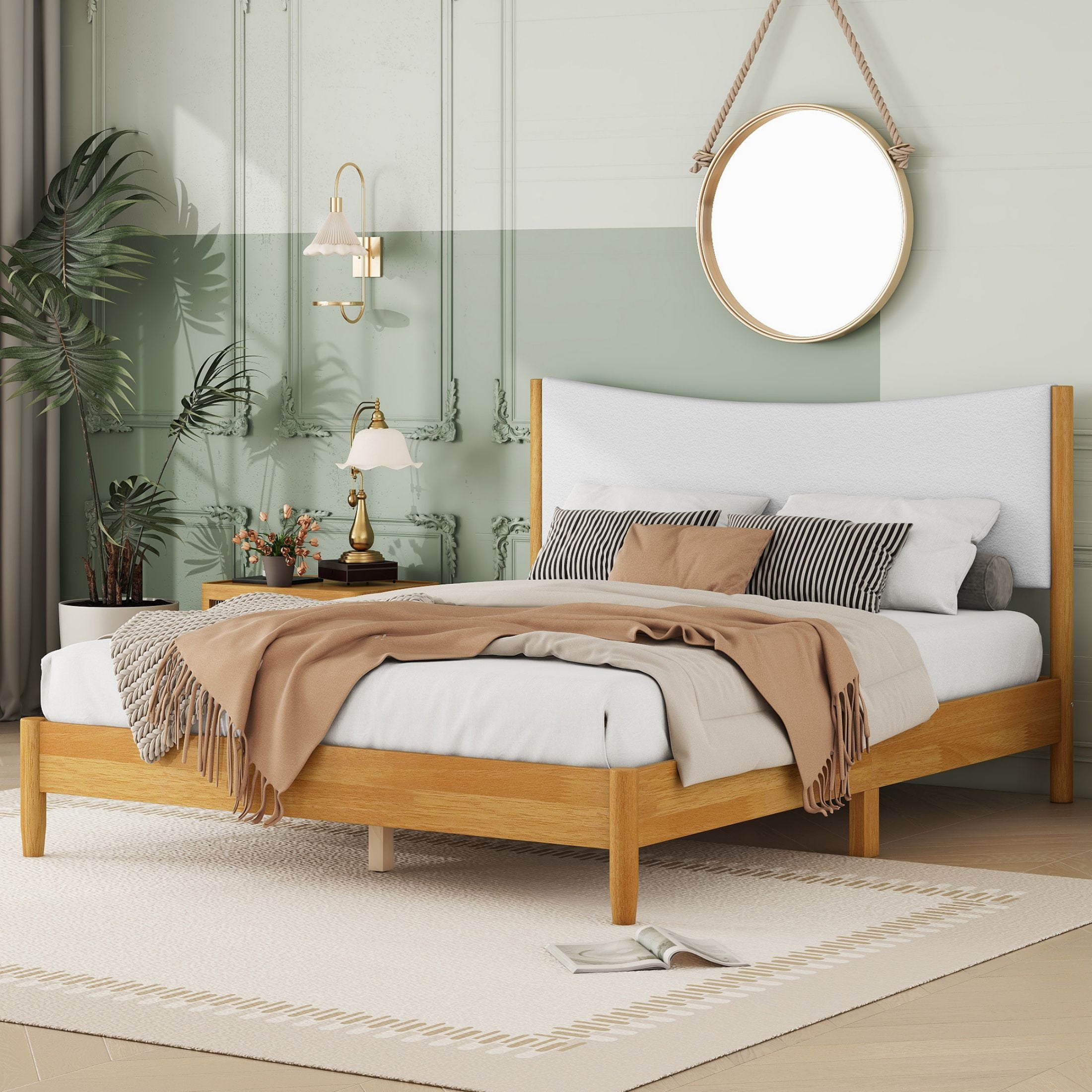 Aukfa Queen Size Bed Frame, Rubber Wooden Platform Bed with Teddy Upholstered Headboard, Oak