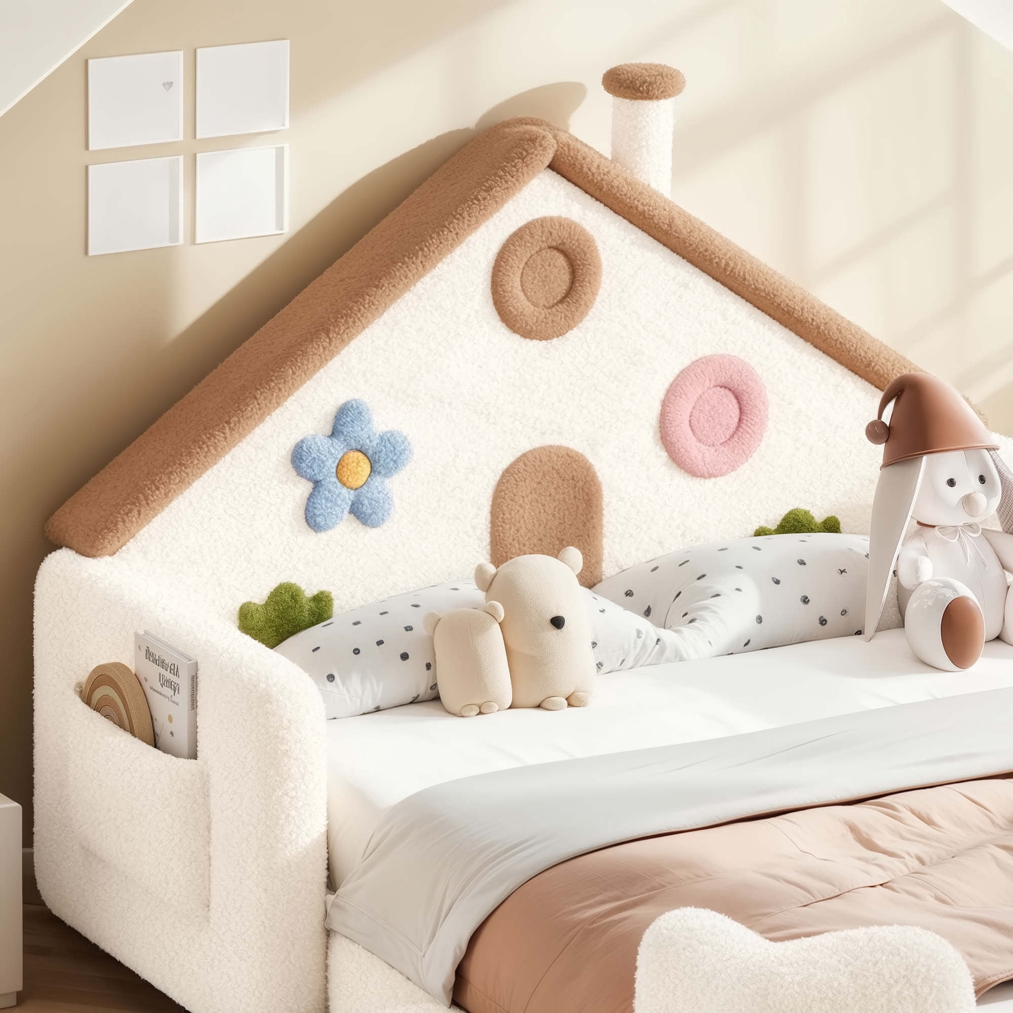 HOQBN Full House Shaped Upholstered Floor Bed, Upholstered Kids Bed with Safety Side Rails, Low Floor Playhouse Bed for Nursery & Kids Bedroom Beige & Natural