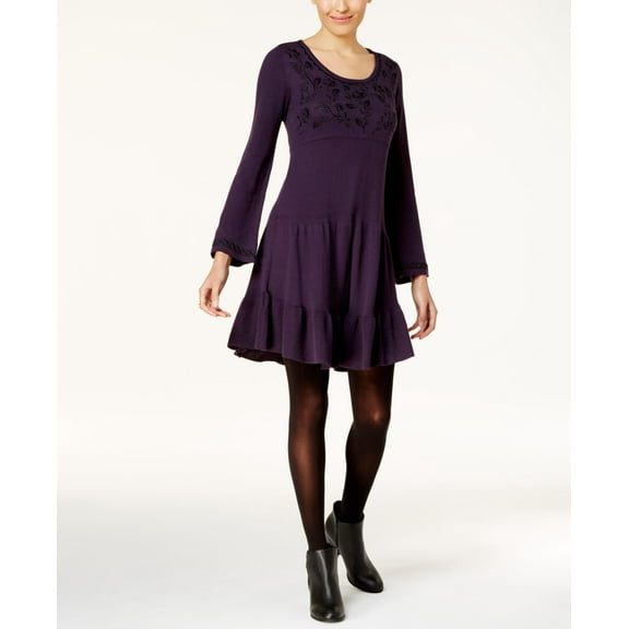 Style & Co Embroidered Sweater Dress Dark Grape M