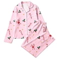 thumbnail image 4 of FASHOFT Christmas Pajamas for Women Set Silk Satin Xmas Print Button up Shirts and Pants 2 Piece Christmas Pjs Soft Holiday Long Sleeve Sleepwear Loungewear L, 4 of 5