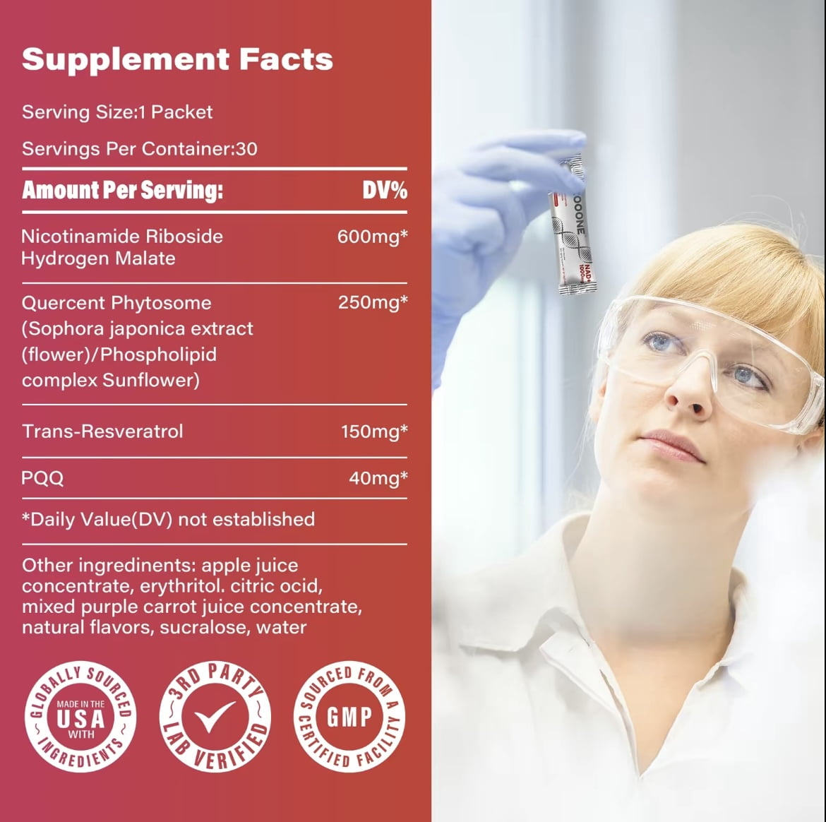 PQQ1000 Zooone Drink Mix 1000MG-NAD, Mix Berry Flavored, for Skin Aging and Energy Supplementation, 30 Packs, 10g