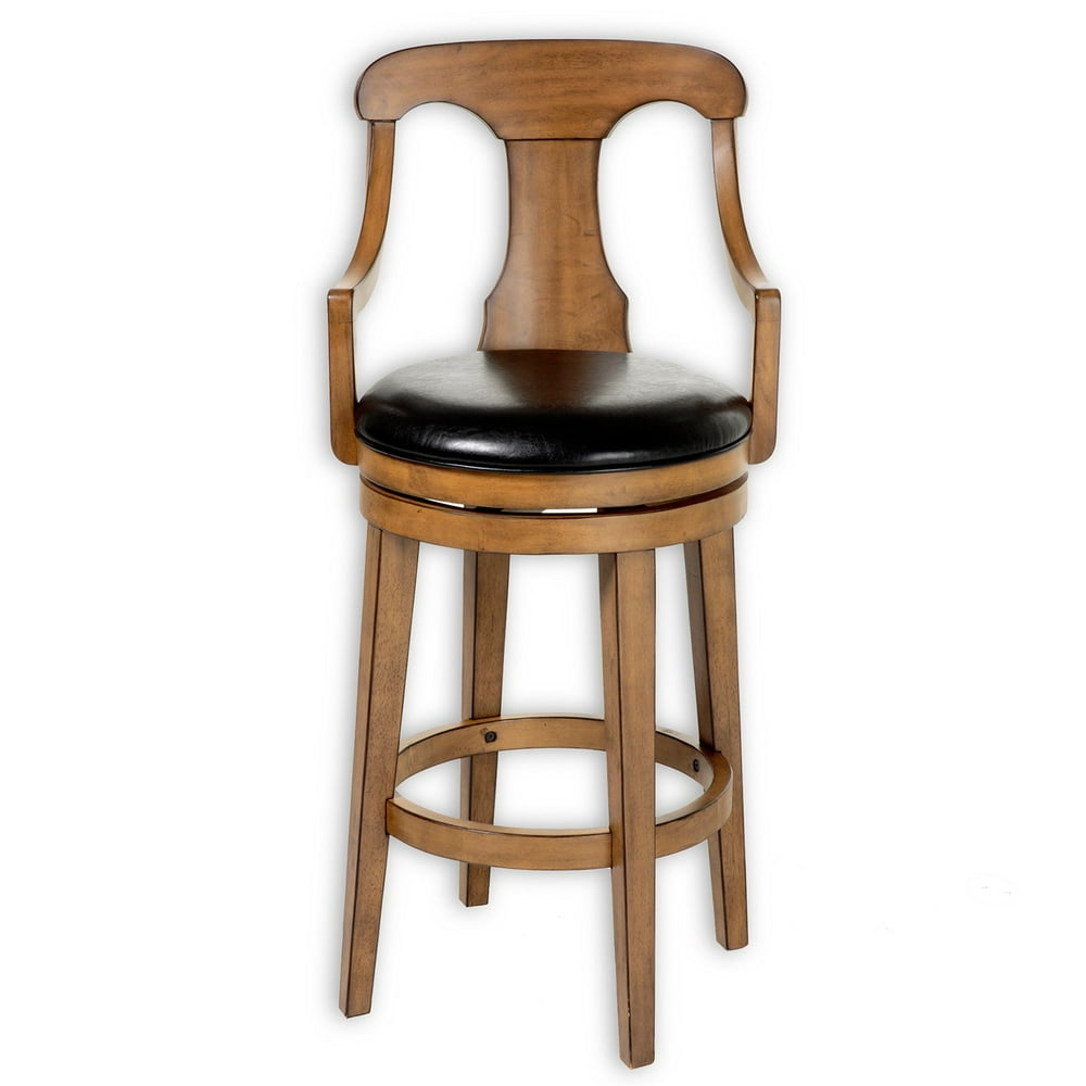 Albany Swivel Seat Bar Stool with Acorn Finished Wood Frame, Sloped Arms and Black Faux Leather 
