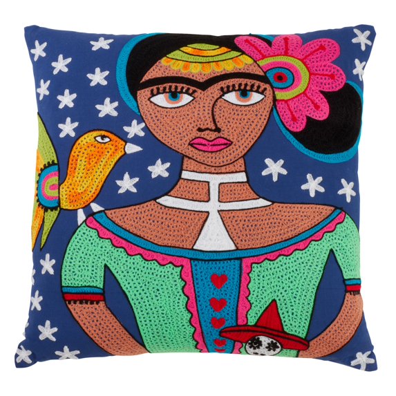 Fennco Styles DÃa de los Muertos Collection Picasso Frida with Nightjar Embroidered 18 x 18 Inch Throw Pillow with Case & Insert – Multicolor Throw Pillow for Couch, Bedroom and Living Room Décor