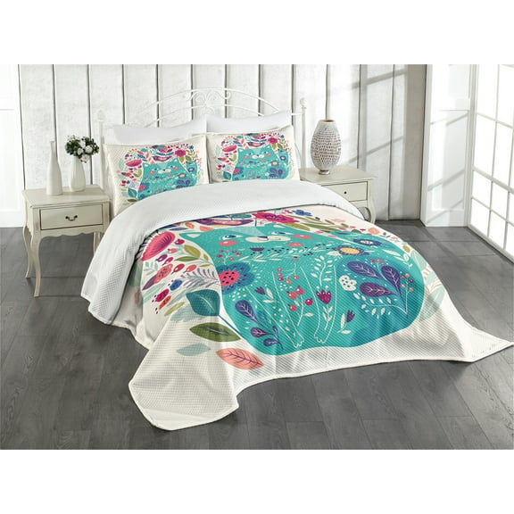 Ambesonne Cat Quilted Bedspread Set 3 Pcs, Kitty with Flower and Bird, King Size, Multicolor Seafoam