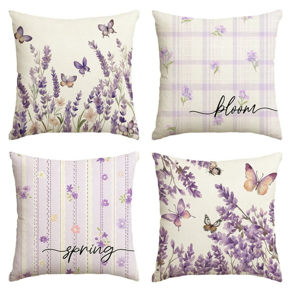 Sm:)e Watercolor Lavender Butterfly Spring Throw Pillow Covers Set of 4,18x18 Inch,Purple
