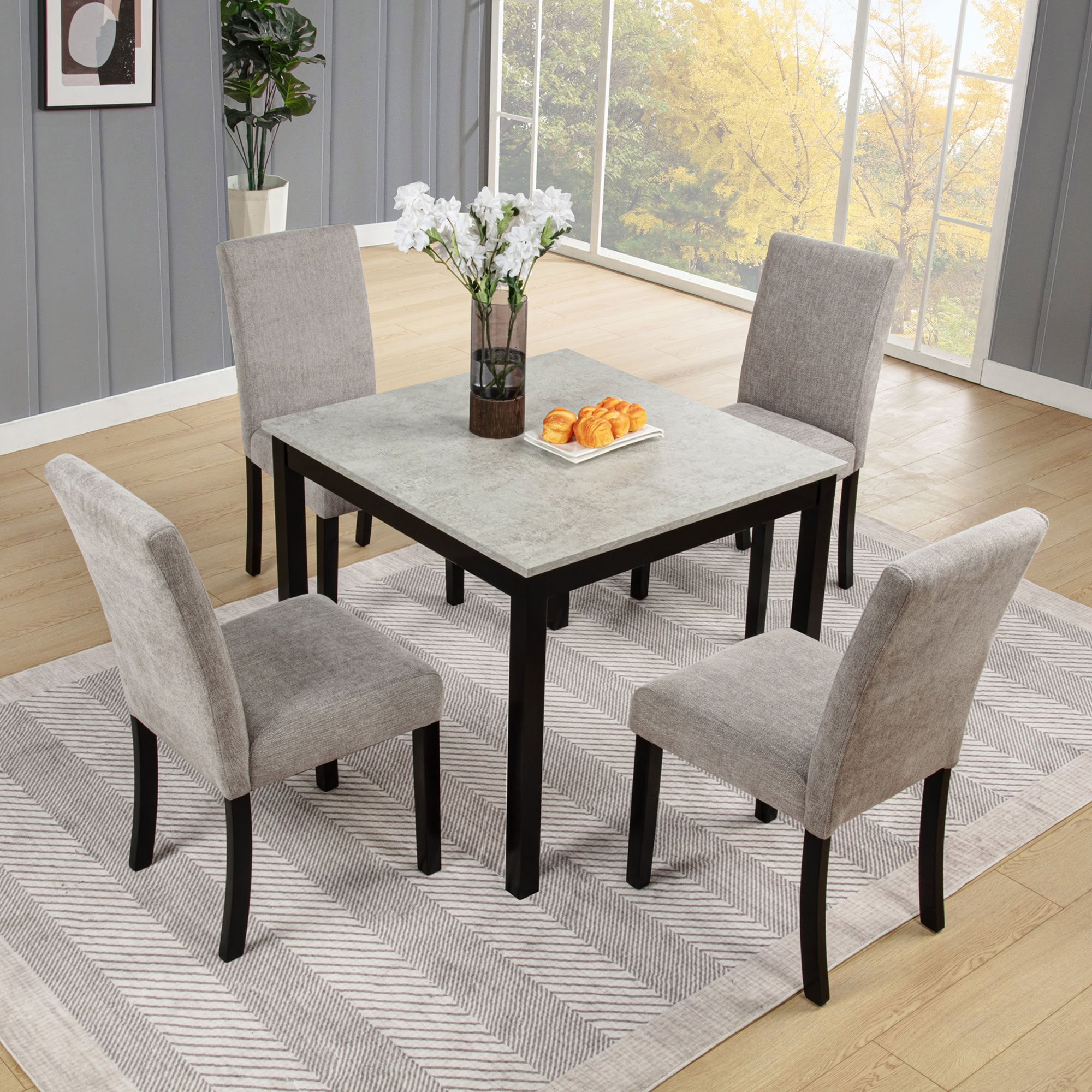 MAYEERTY 5-Piece Wooden Dining Table Set for 4-Person Kitchen Dining Room Restaurant, Grey & Black