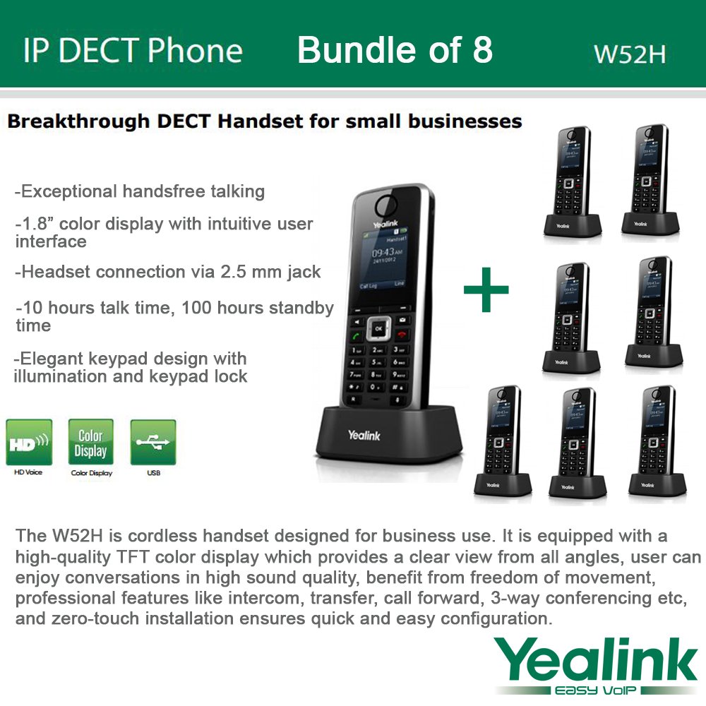 Yealink W52H, 8PACK SIP Cordless VoIP Phone System for Business