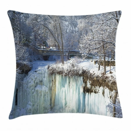 Minnesota Throw Pillow Cushion Cover, Frozen Minnehaha Falls and Footbridge in City Park of Minneapolis Landmark Theme, Decorative Square Accent Pillow Case, 16 X 16 Inches, Multicolor, by (Best Parks In Minneapolis)