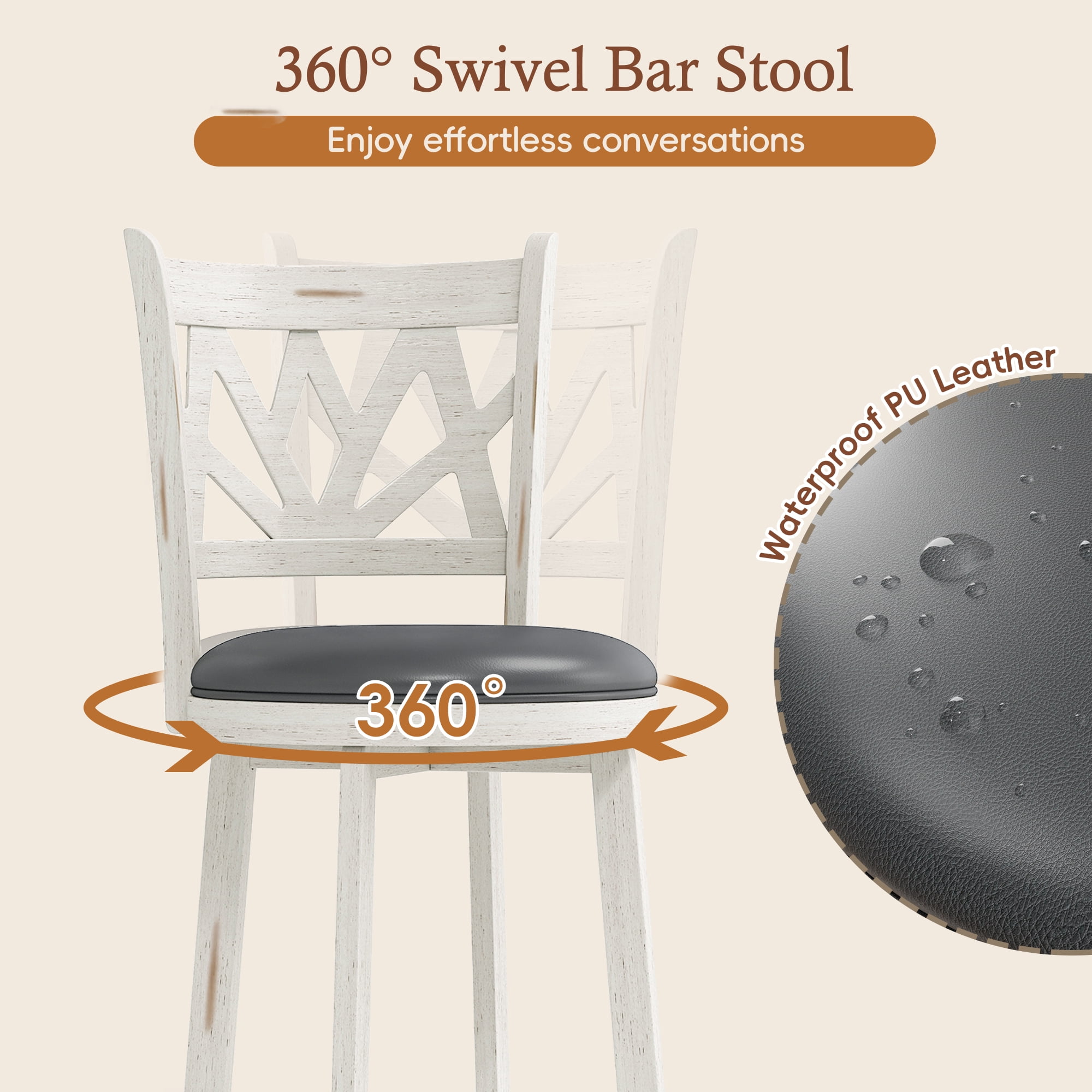 Joywind Farmhouse Swivel Bar Stools Set of 2, 30" Carved Lotus Barstools, Faux Leather Upholstered Bar Chairs with Solid Footrest & Wood Legs, Antique White