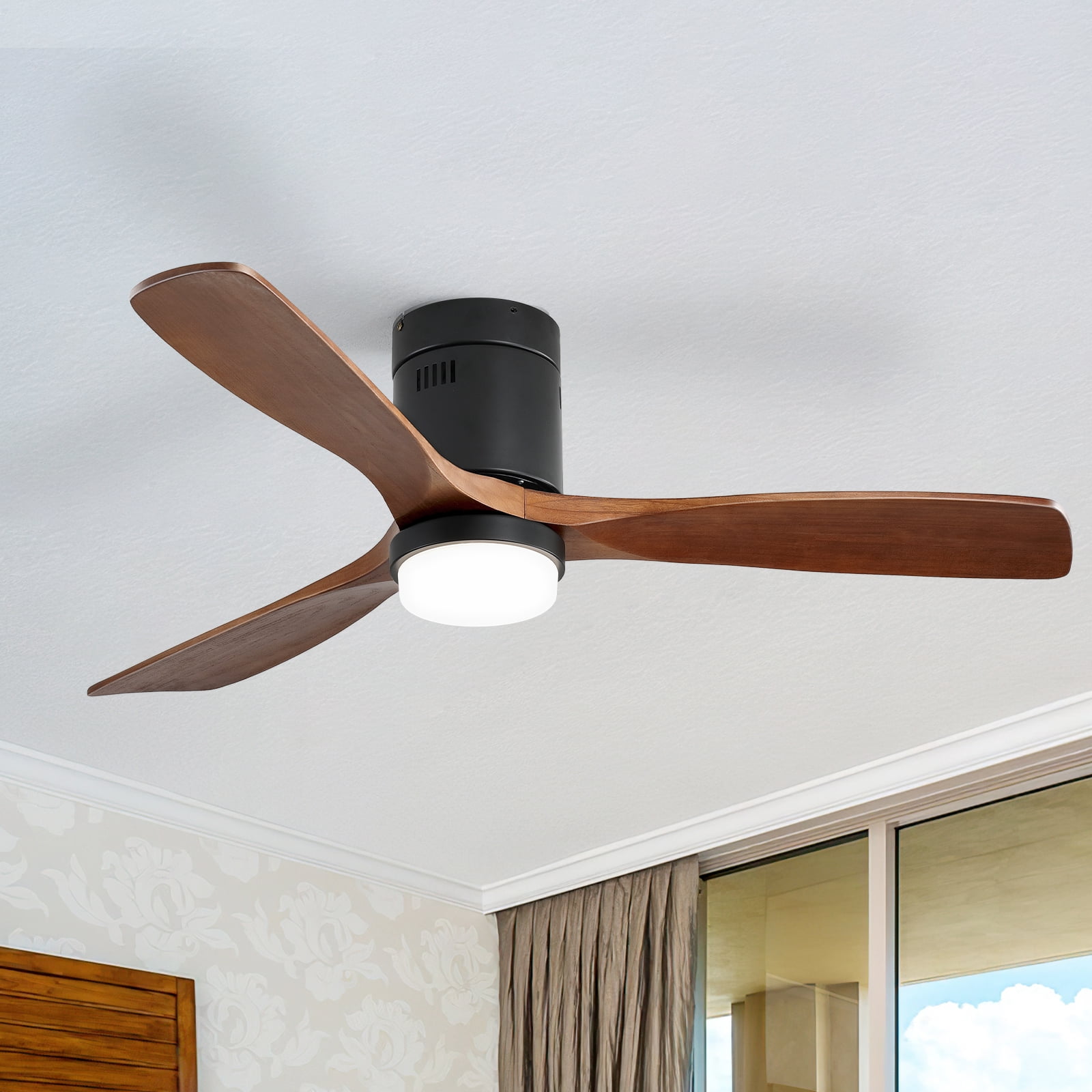 Sofucor 52 Inch Smart Ceiling Fans with Lights-Flush Mount Low Profile Modern Outdoor Solid Wood Ceiling Fans with Alexa/Google Assistant/APP/Remote Control, Brown Black