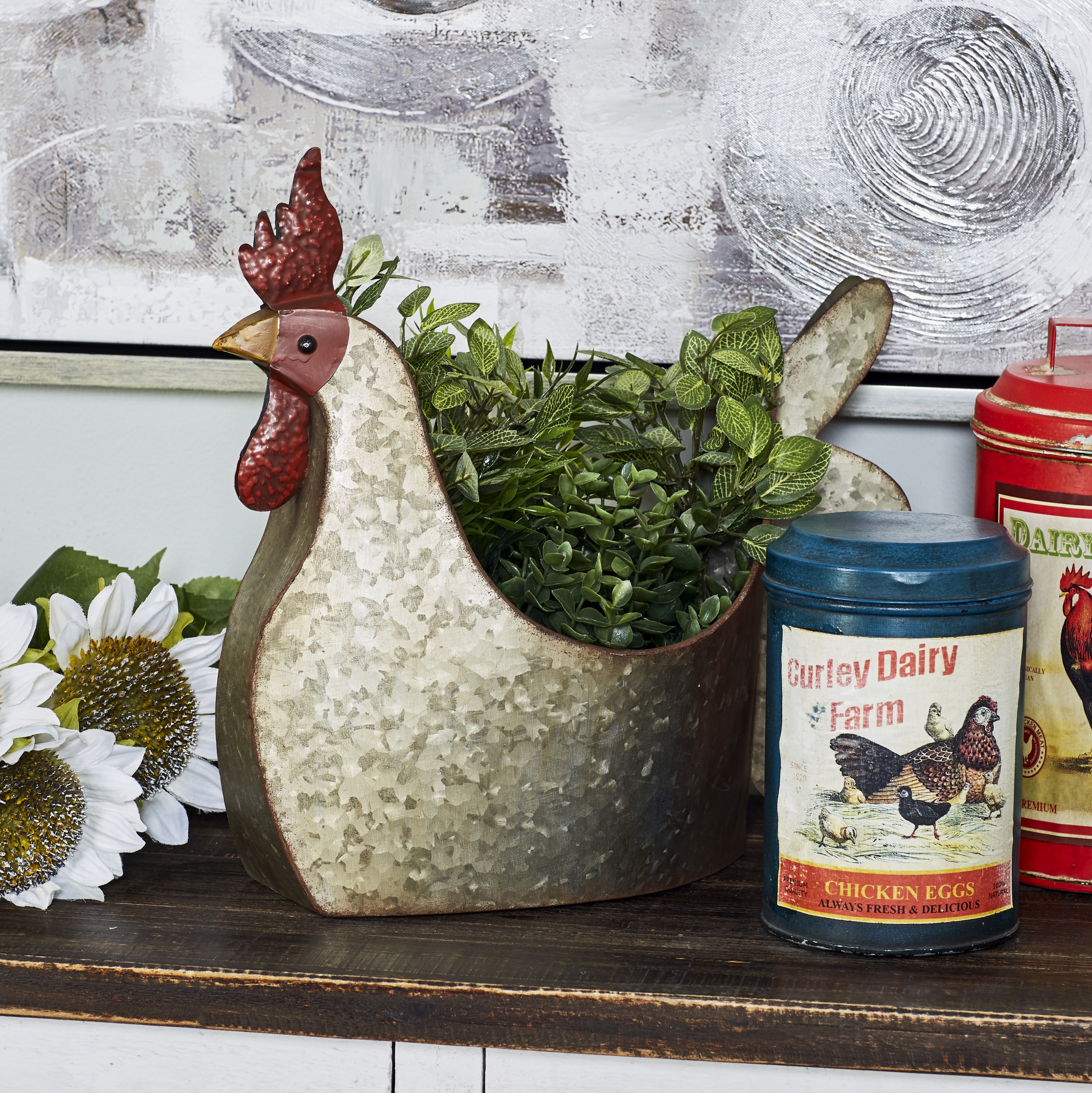 DecMode Gray Metallic Chicken Planter with Wide Opening