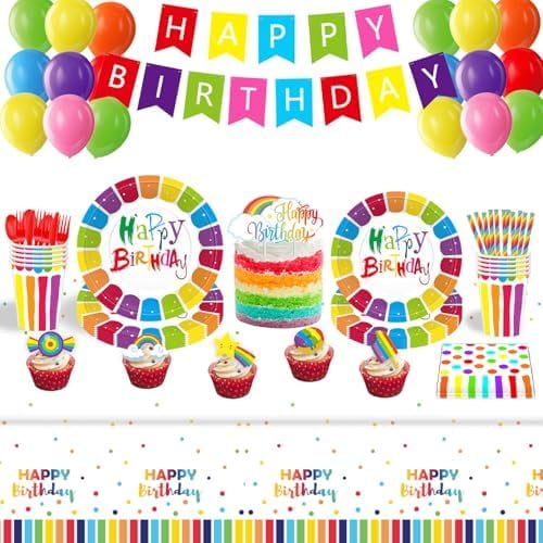 Rainbow Birthday Party Supplies Colorful Rainbow Party Decorations Include Plates Napkins Cups Forks Knives Spoons, Happy Birthday Banner, Cake Toppers, Balloons, Tablecloths