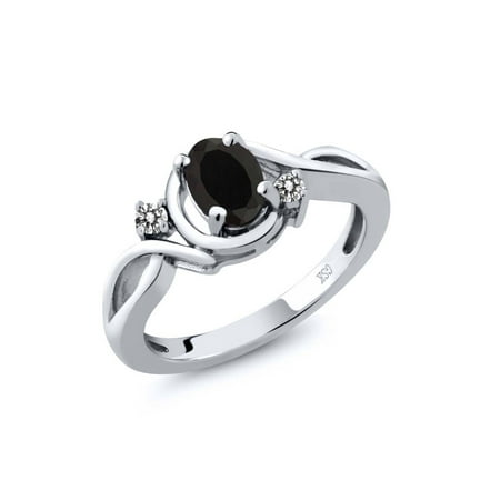 Topaz Onyx - 0.87 Ct Oval Black Onyx White Diamond 925 Sterling Silver Ring