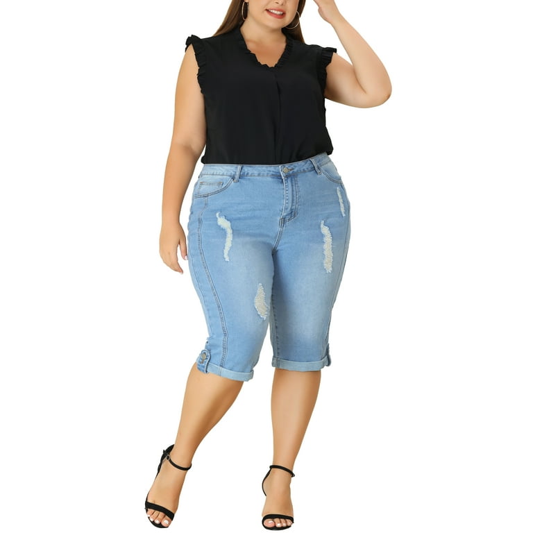 Unique Bargains Women's Plus Size Outfits Skinny Stretch Jeans Capri at  Knee Denim Shorts 